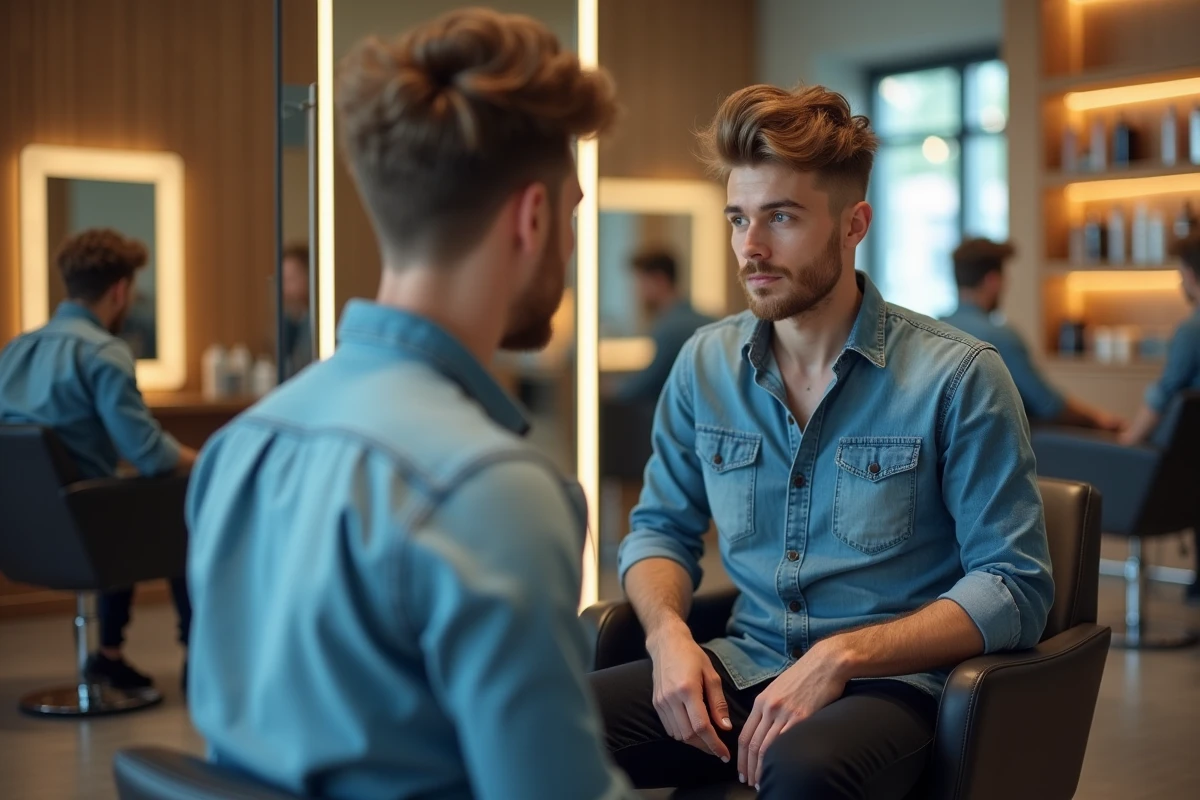 Jeune homme admirant sa couleur de cheveux dans un salon