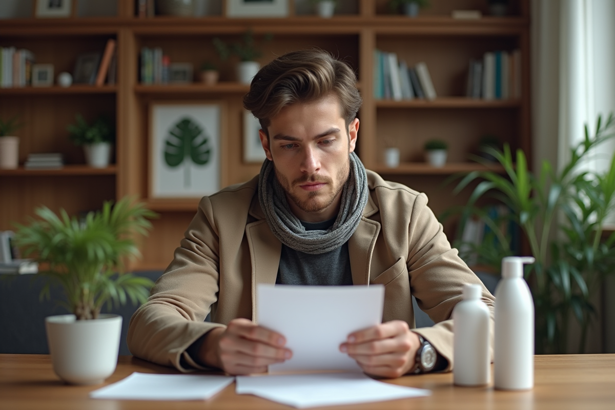 Un homme compare reçus et contenants de beauté à la maison