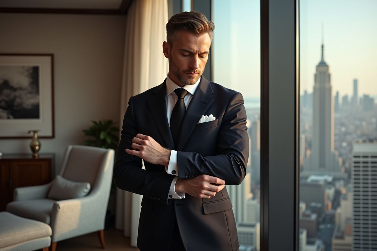 Homme en costume ajustant ses manchettes dans un penthouse