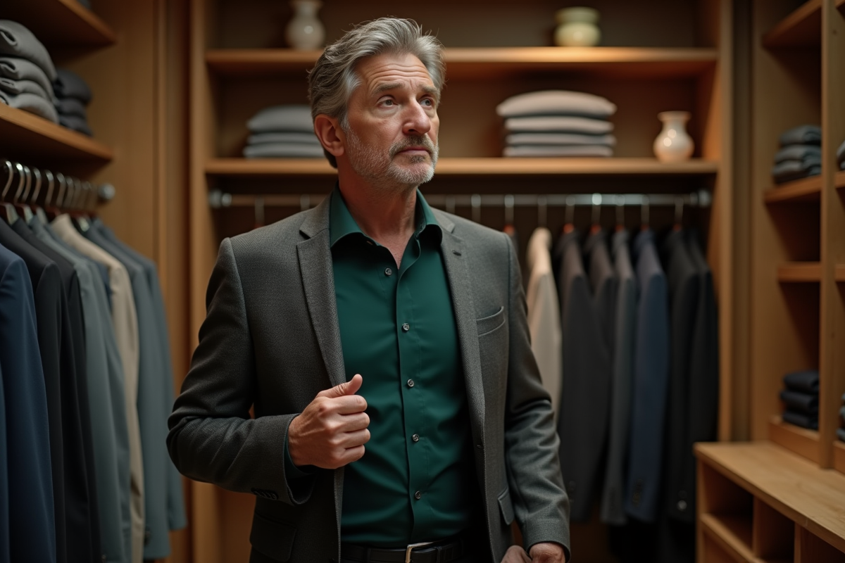 Homme en costume vert examinant la veste dans une boutique chic