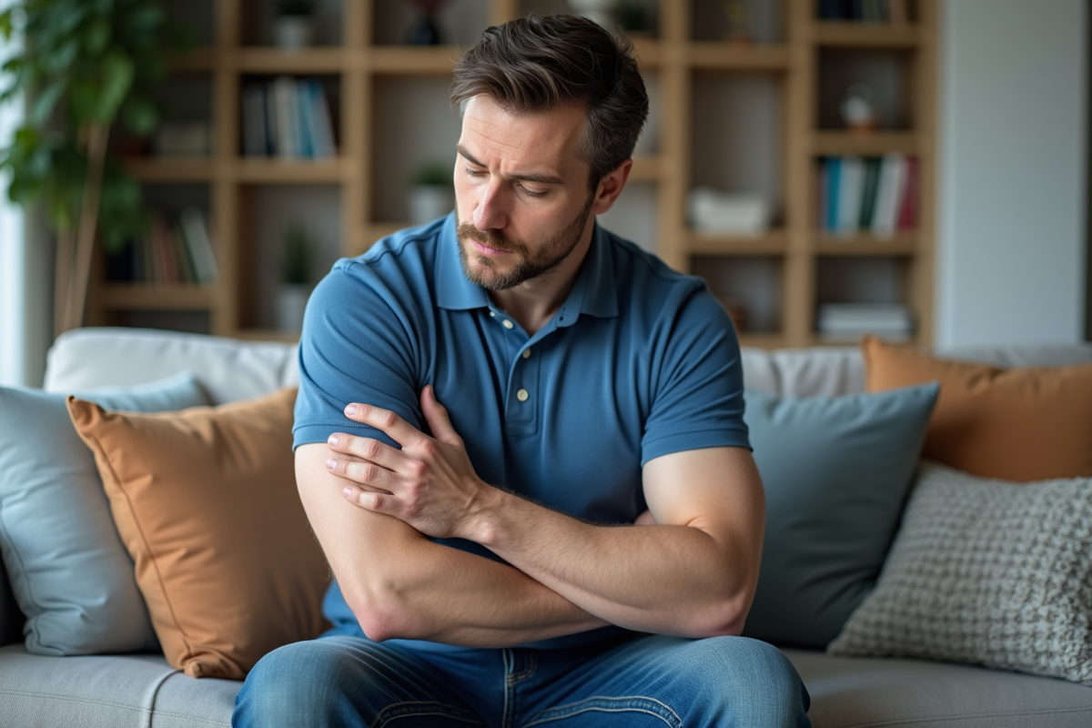 Homme examinant son bras dans un salon moderne