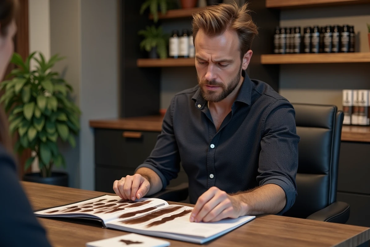 Homme coiffure examinant &eacute;chantillons de cheveux en salon