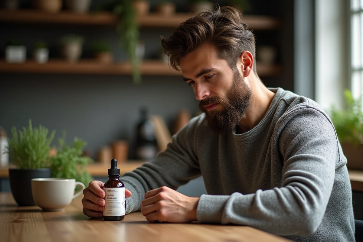 Homme barbu en intérieur examine des compléments pour la barbe