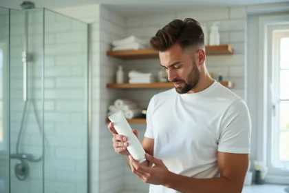 Homme lisant attentivement les instructions d'une crème dépilatoire dans une salle de bain moderne pour éviter les erreurs et les brûlures cutanées
