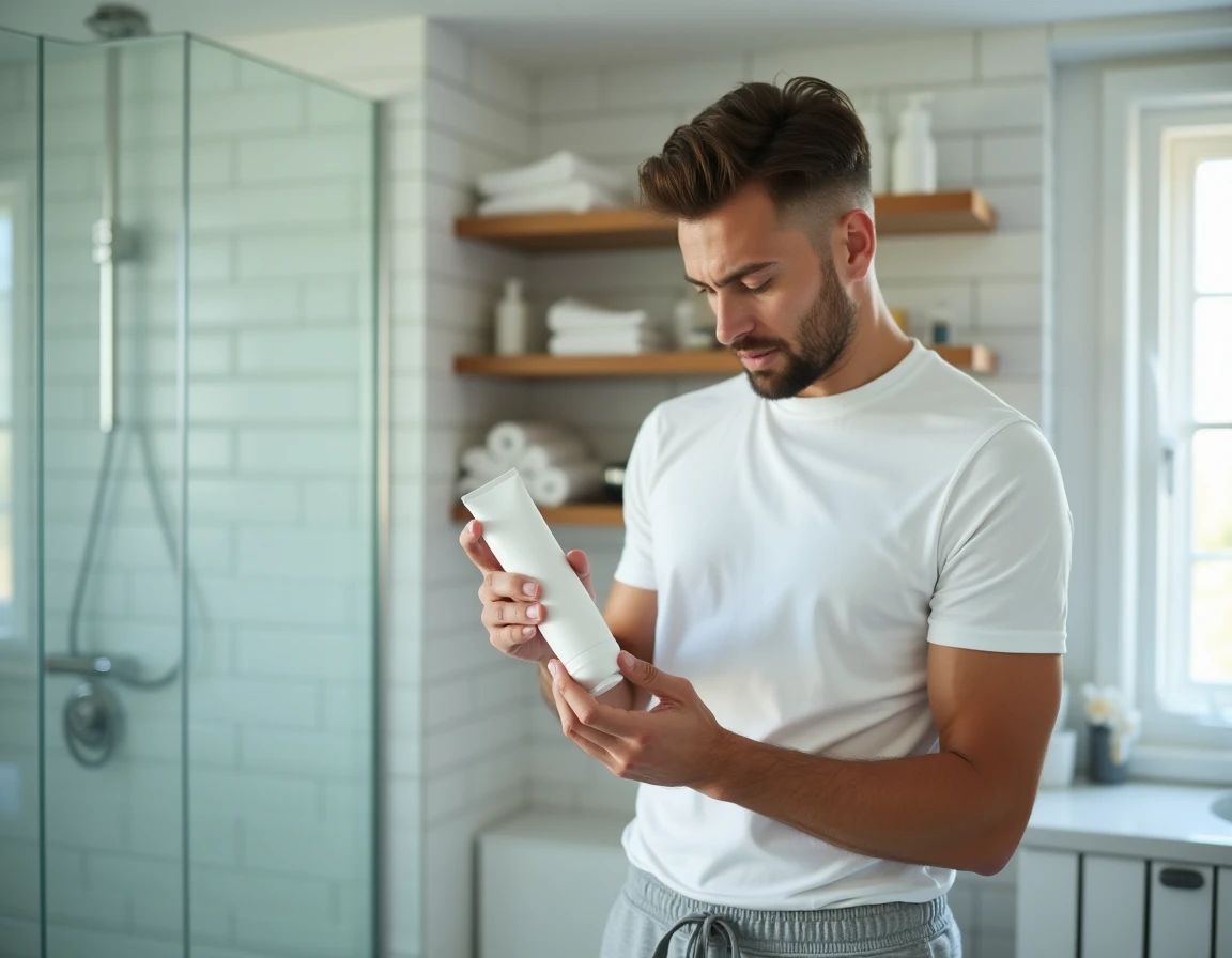Homme lisant attentivement les instructions d'une crème dépilatoire dans une salle de bain moderne pour éviter les erreurs et les brûlures cutanées