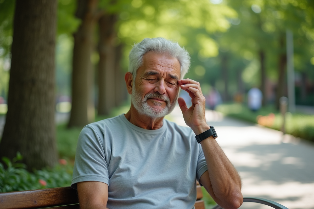 Homme âgé pratiquant un massage facial en plein air dans un parc