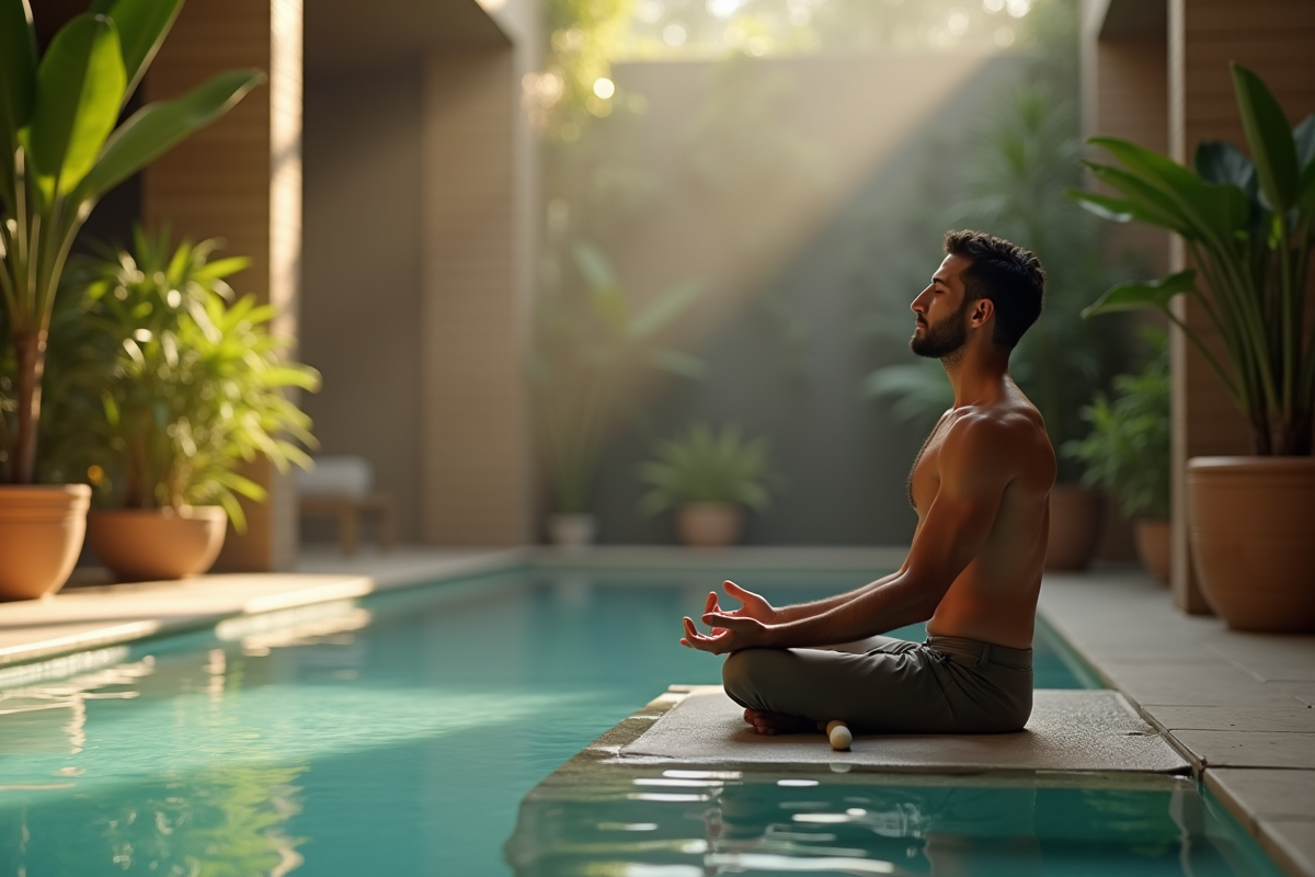 Homme pratiquant la respiration consciente dans un spa moderne