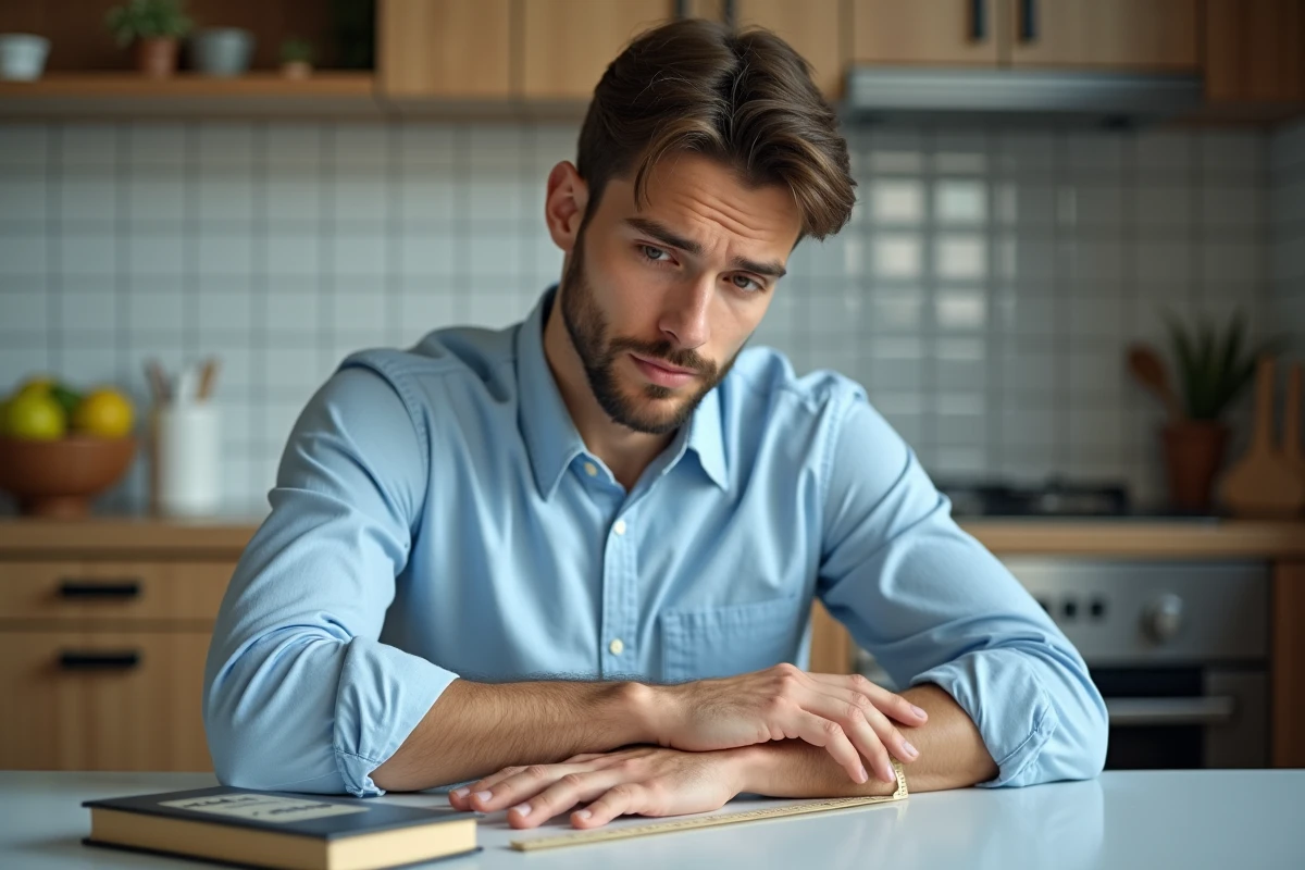 Jeune homme mesurant son bras avec un livre dans la cuisine
