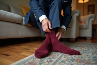 Homme élégant ajustant ses chaussettes de mariage bordeaux
