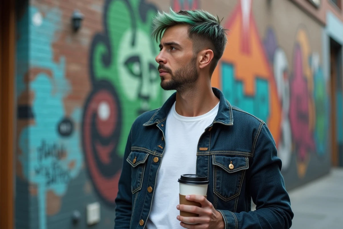 Homme avec highlights verts devant un mur urbain color&eacute;