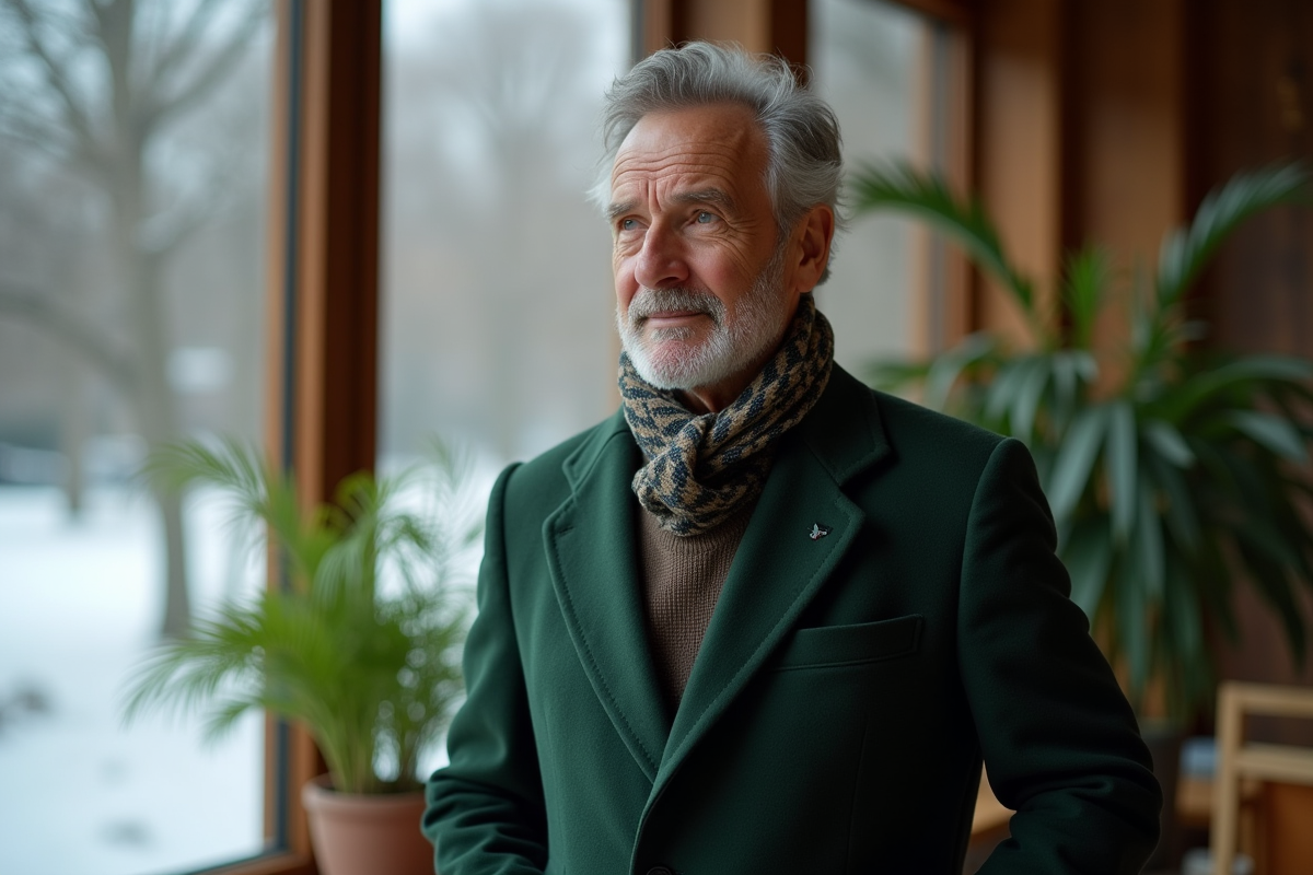 Homme en manteau vert près d une fenêtre enneigée