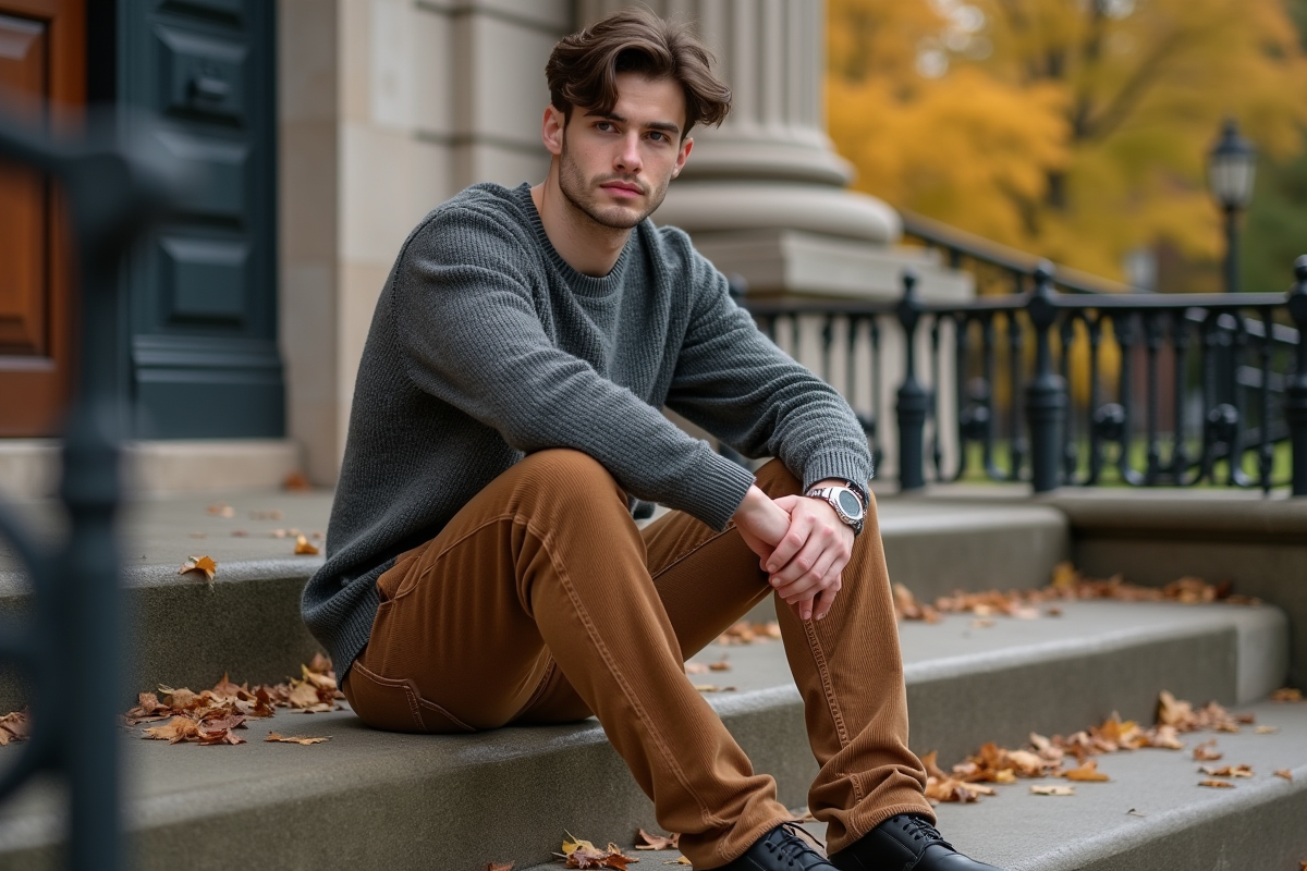 Homme en pantalon en corduroy assis sur les marches d