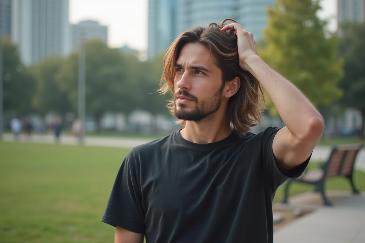Homme dans un parc montrant ses mèches et balayage