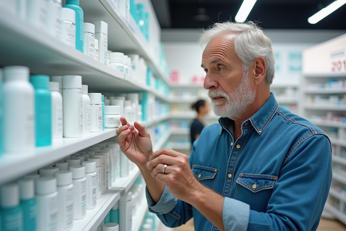 Homme étudiant crèmes hyaluronique en pharmacie
