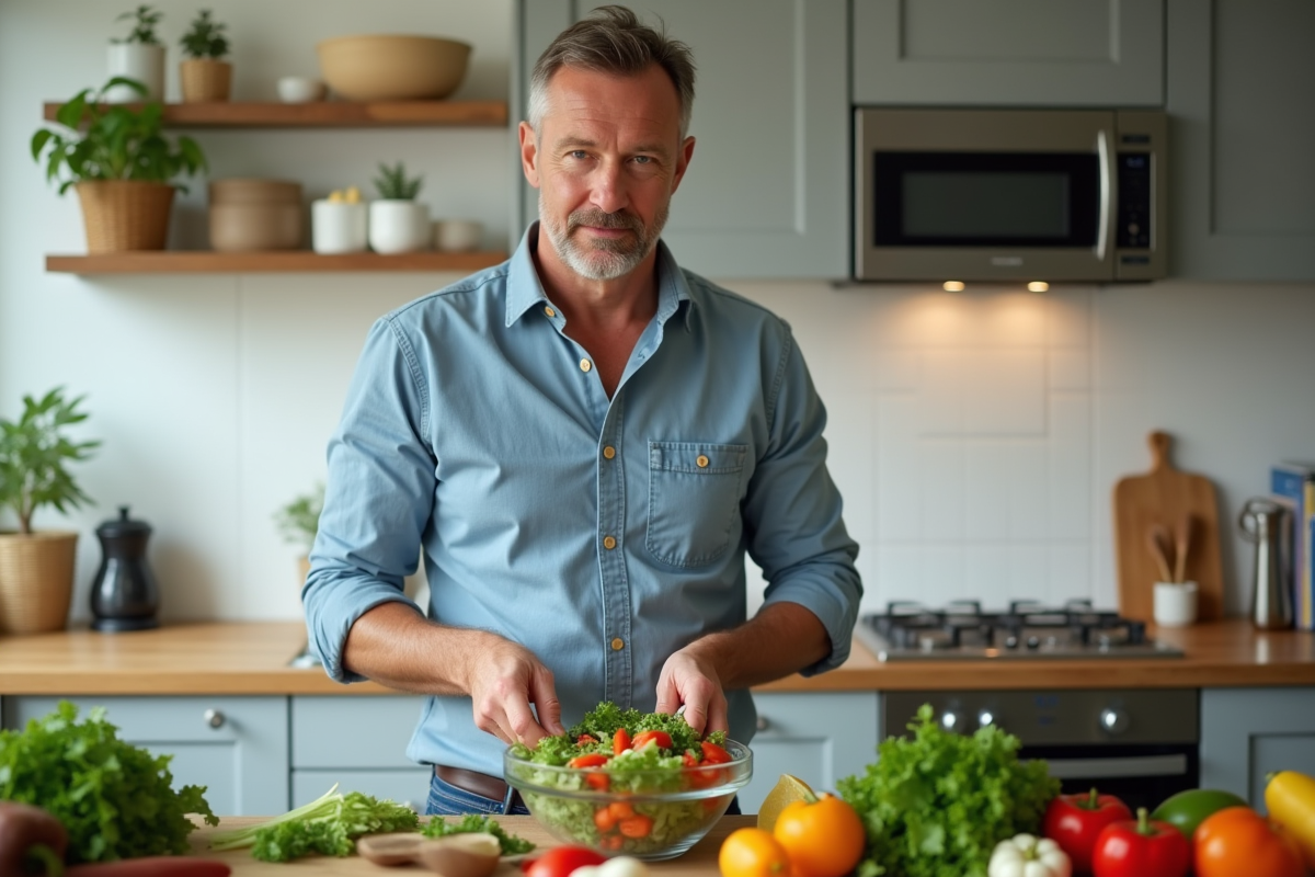 Homme préparant une salade dans une cuisine lumineuse