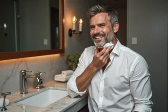 Homme élégant se rasant dans une salle de bain luxueuse