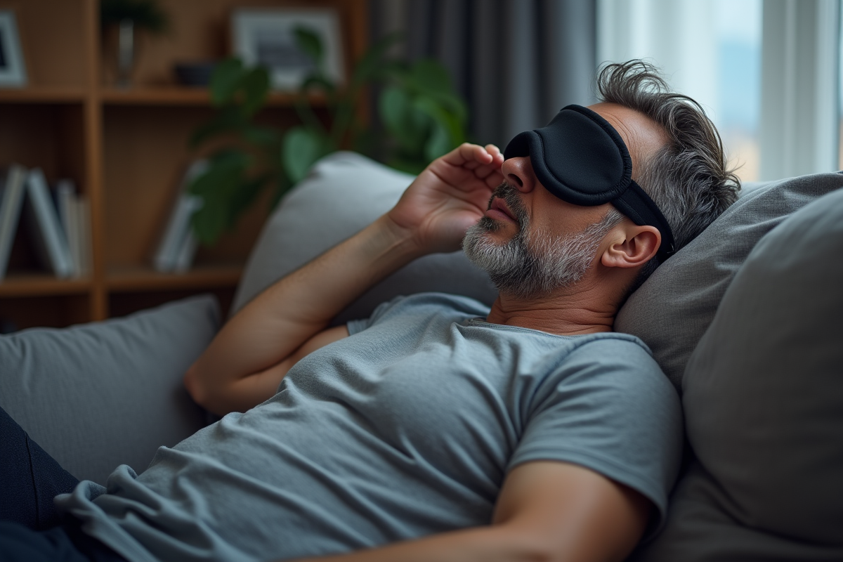 Homme d age moyen ajustant son masque de nuit dans le salon