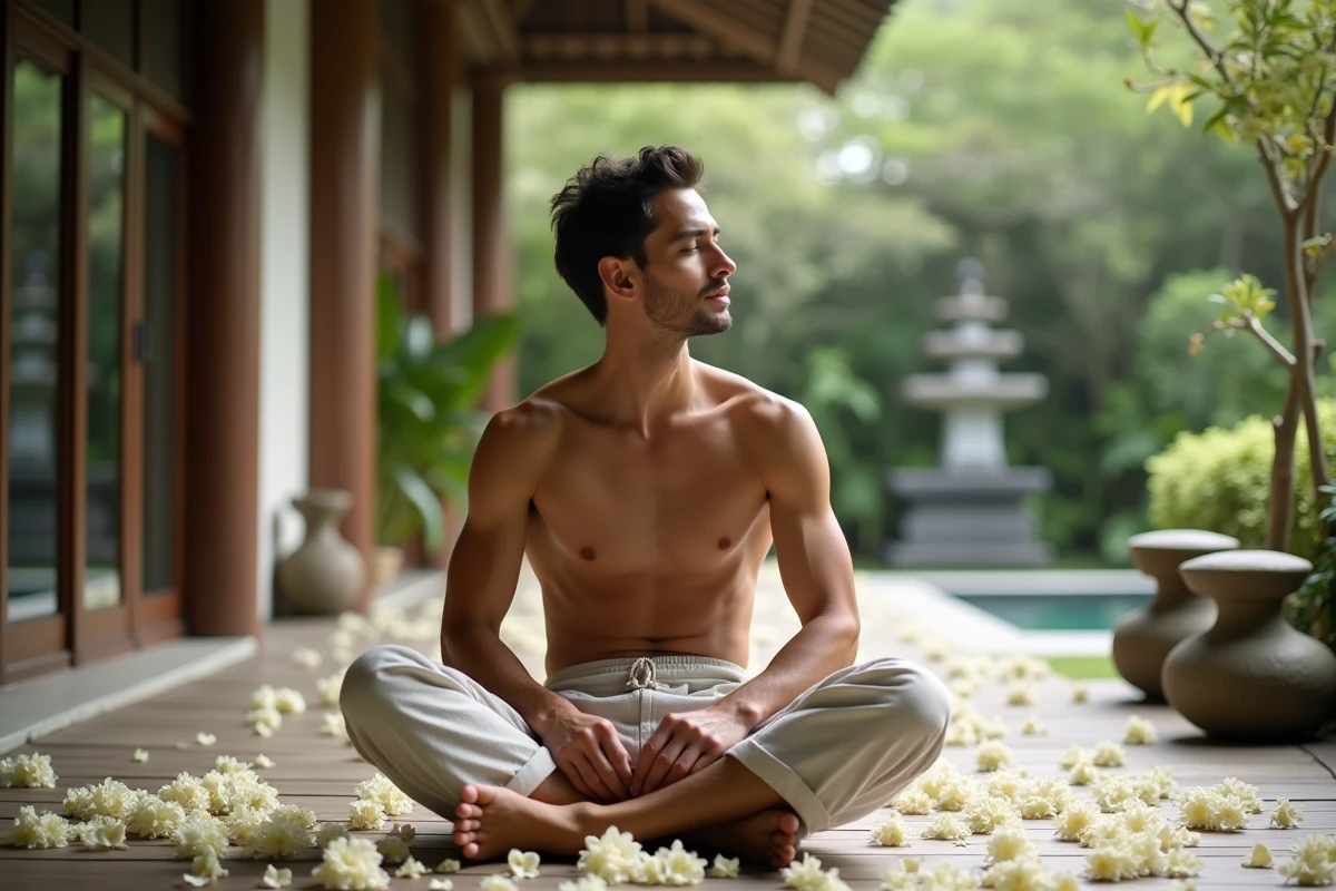 Jeune homme assis sur veranda entouré de jasmin en pleine contemplation
