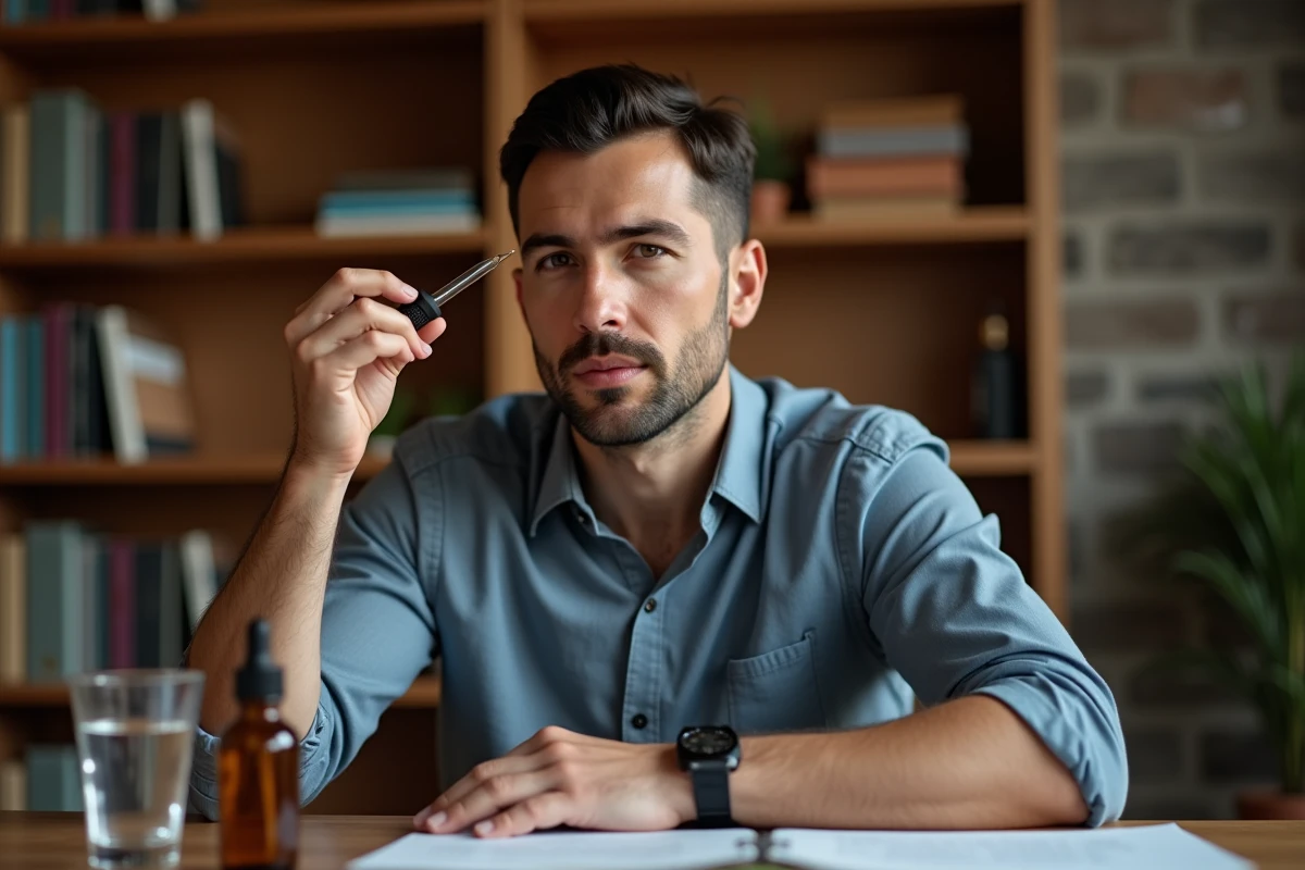 Homme appliquant un sérum anti-chute capillaire avec un compte-gouttes sur son cuir chevelu à son bureau