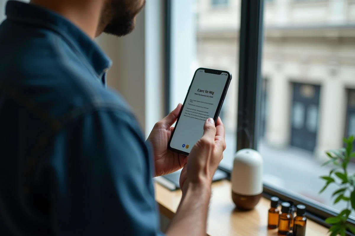 Homme recevant un code de réduction par email sur smartphone après commande d'huiles essentielles