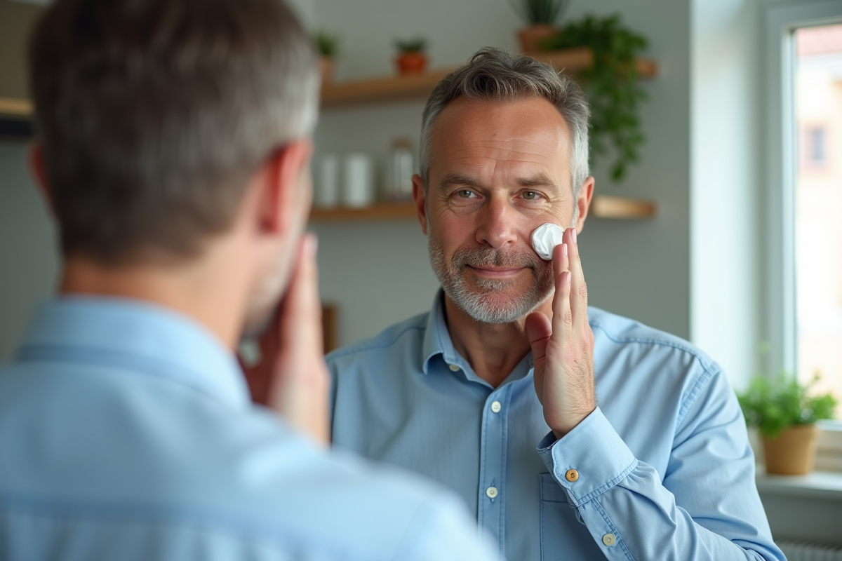 Homme appliquant une creme visage dans sa cuisine lumineuse