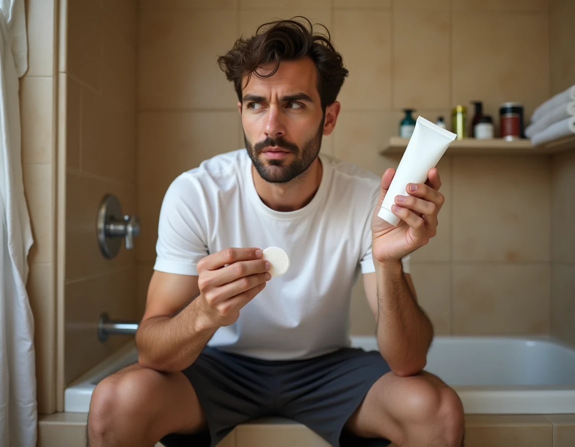 Homme effectuant un test cutané avec une crème dépilatoire avant application, assis au bord d'une baignoire, illustrant les précautions à prendre pour éviter les brûlures