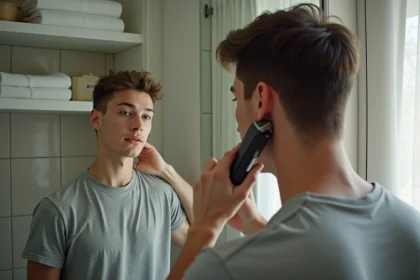 Jeune homme se coupe les cheveux dans la salle de bain