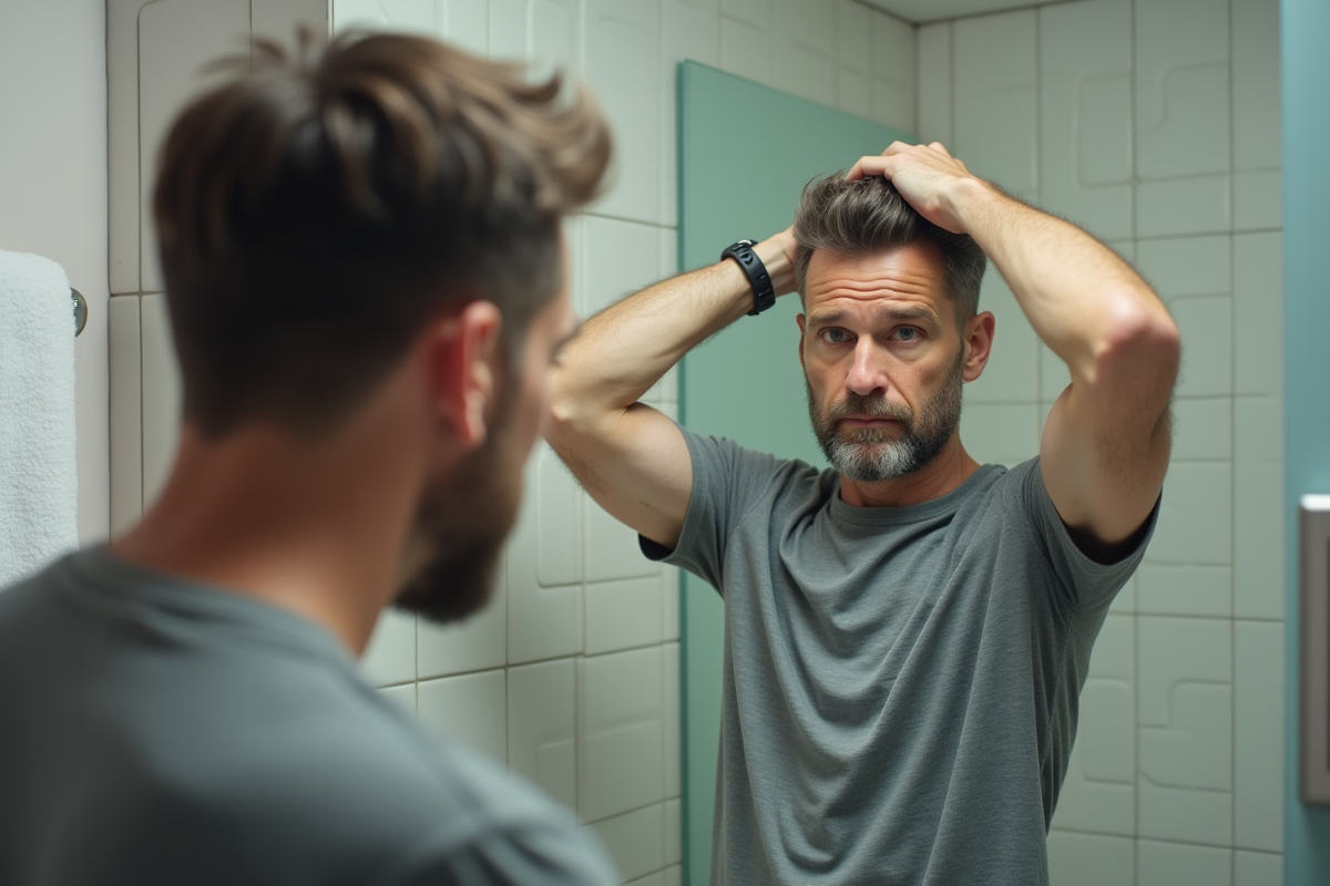 Homme regardant ses cheveux dans le miroir de la salle de bain