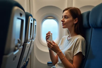 Femme appliquant un brume hydratante visage en avion pendant un vol, soins de peau en voyage