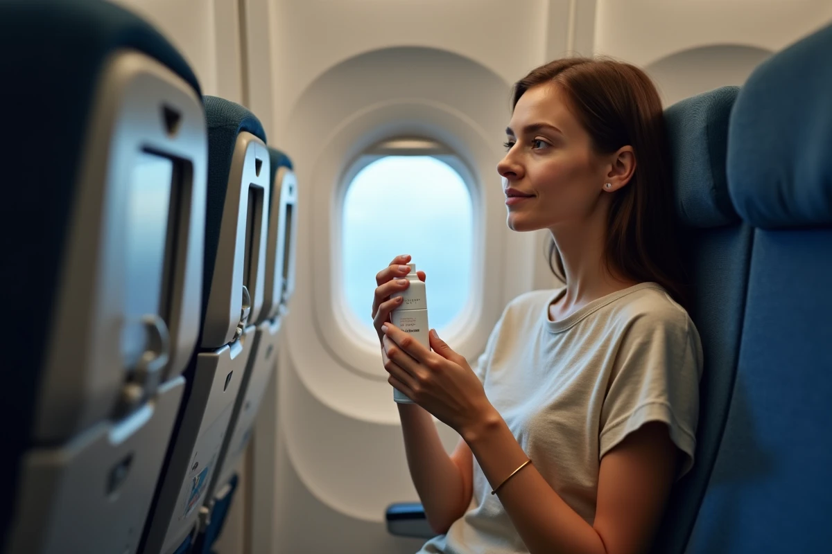 Femme appliquant un brume hydratante visage en avion pendant un vol, soins de peau en voyage