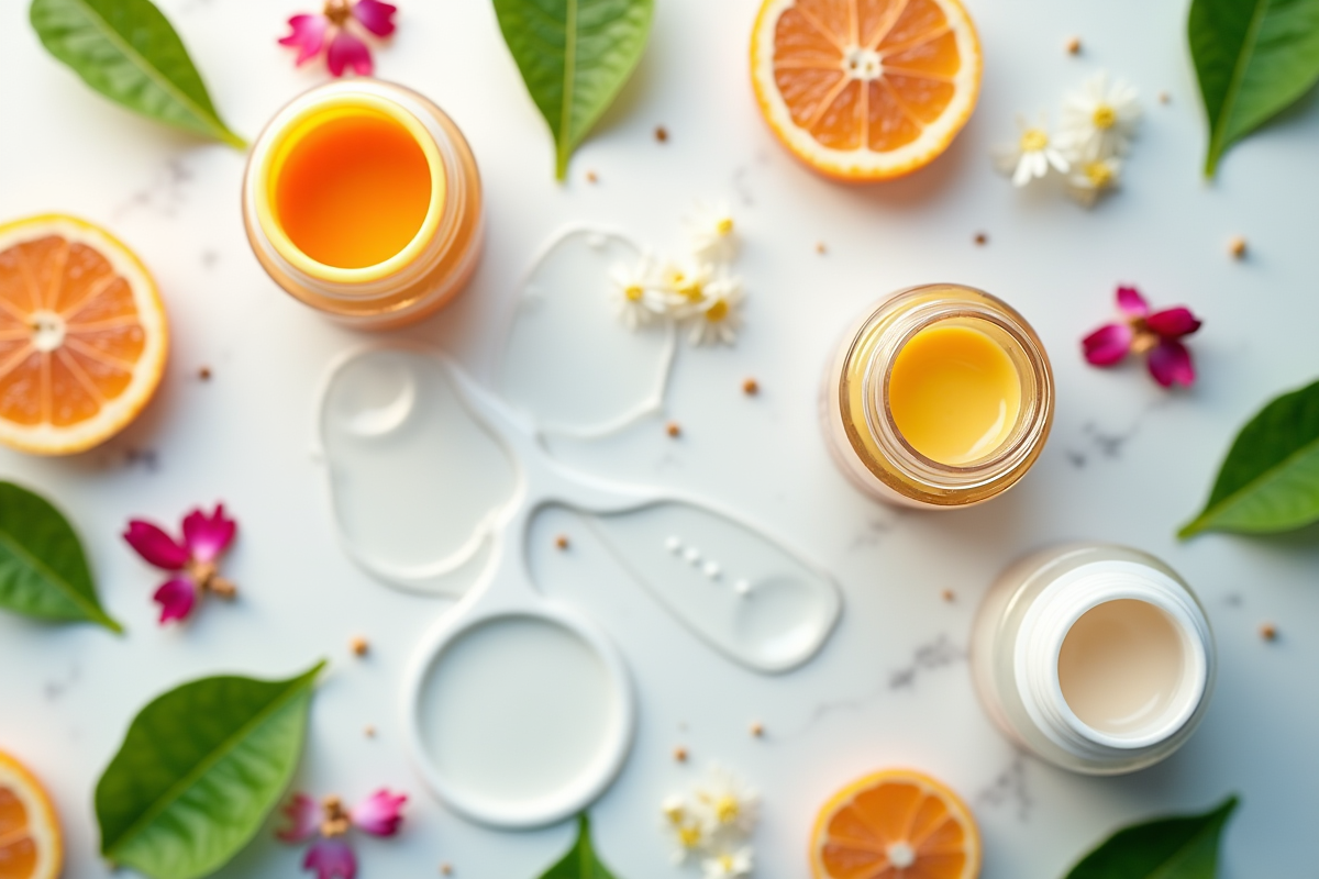Contenants ouverts de soins avec feuilles et agrumes frais