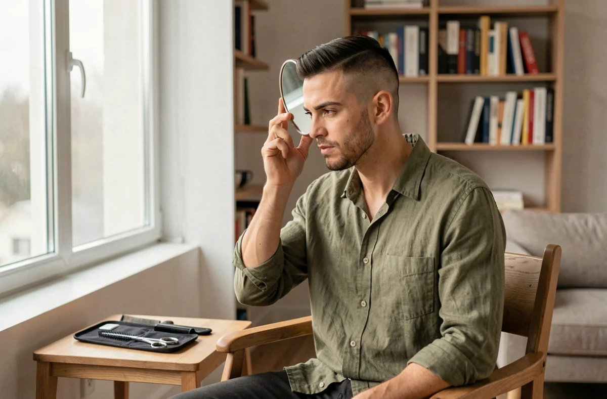 Jeune homme inspectant son fade tapered avec un miroir à main dans un appartement minimaliste