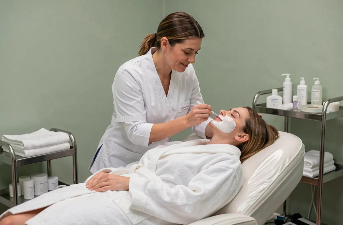 Esthéticienne appliquant un soin du visage sur une cliente à l'Institut Aquarelle de La Roche-sur-Yon