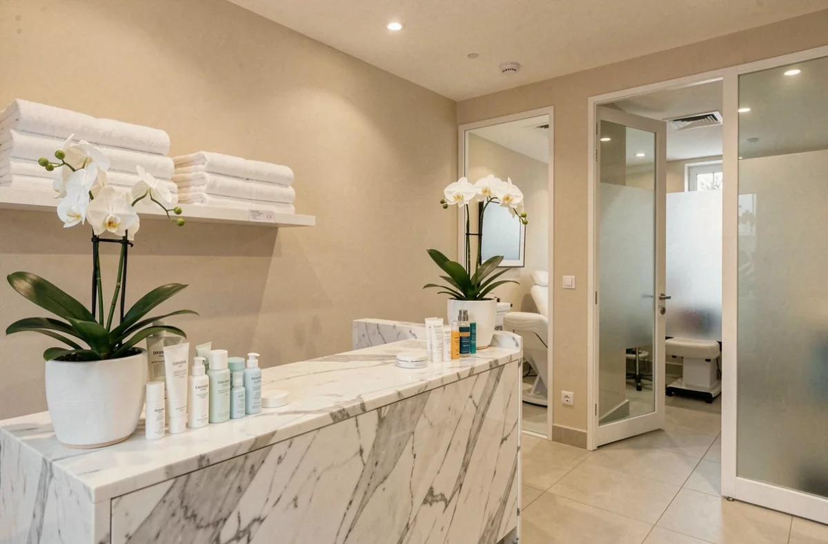 Réception élégante d'un institut de beauté dans le Rhône avec des produits de soin soigneusement disposés et un décor épuré