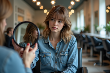 Jeune femme regardant ses bangs inégaux dans un salon de coiffure