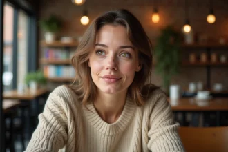 Jeune femme aux yeux hazel vert assise au café