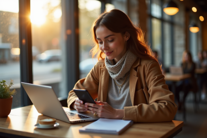 Jeune femme confiante travaillant sur son smartphone dans un café lumineux
