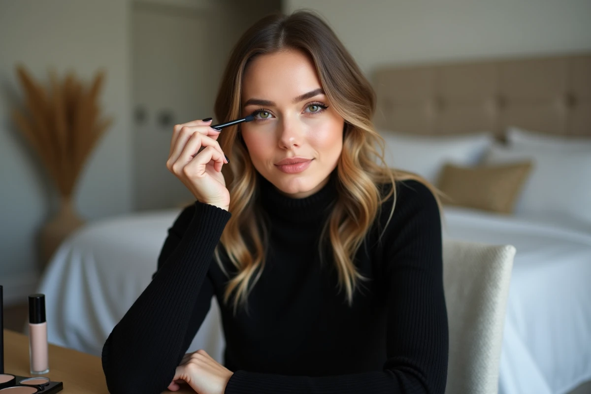 Jeune femme appliquant khol noir au regard naturel