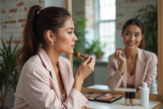 Jeune femme appliquant du fond de teint dans un atelier lumineux