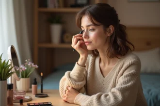Jeune femme appliquant du maquillage dans sa chambre cosy