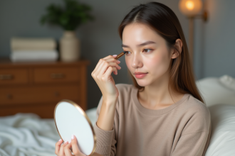 Jeune femme appliquant un crayon taupe dans un miroir