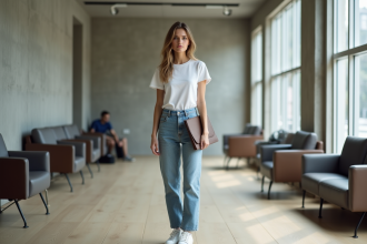 Jeune femme modèle en attente dans une salle moderne