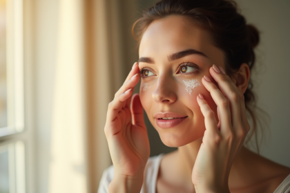 Jeune femme appliquant une crème pour les yeux devant un miroir