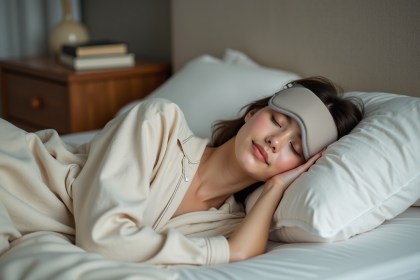Jeune femme dormant paisiblement en pyjama coton avec masque