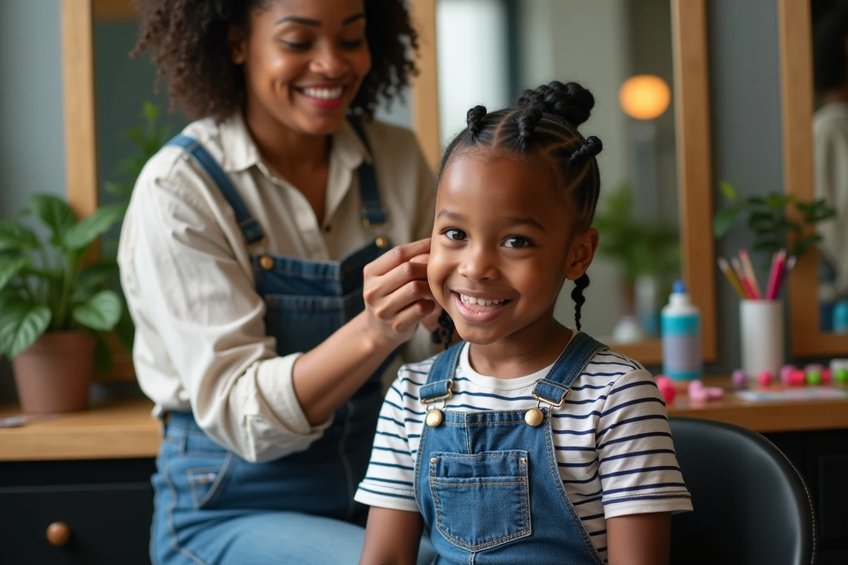 Jeune fille noire en t-shirt rayé et salopette en train de se faire coiffer