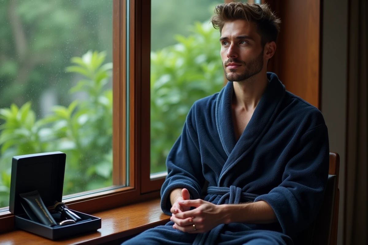 Jeune homme appliquant apr&egrave;s-rasage pr&egrave;s d