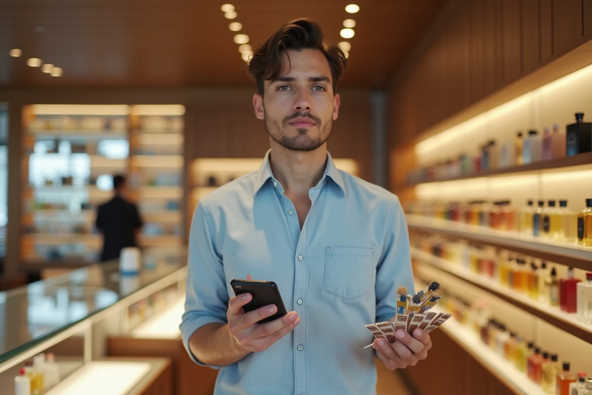 Jeune homme choisissant un parfum en boutique