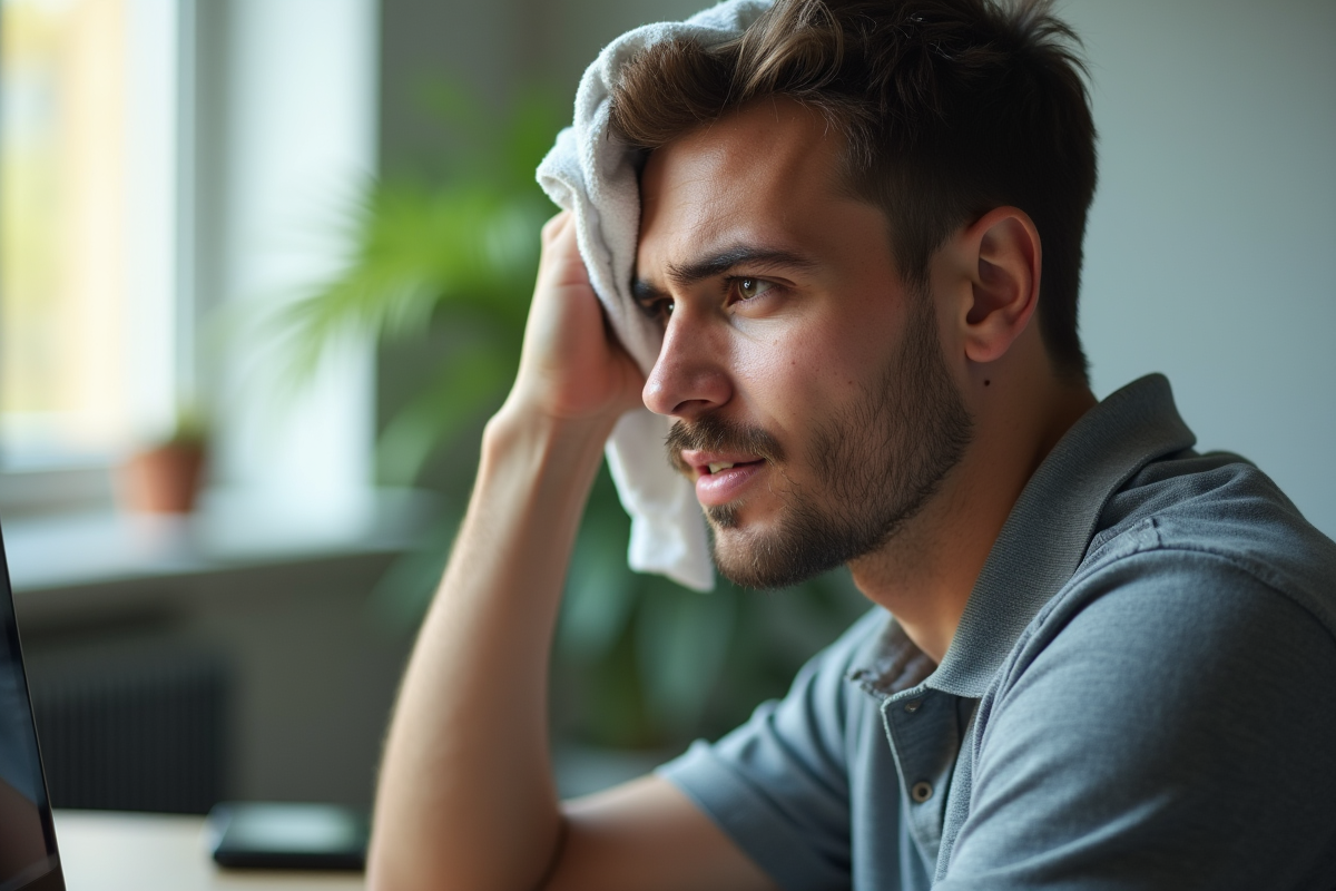 Jeune homme essuyant la sueur au bureau intérieur