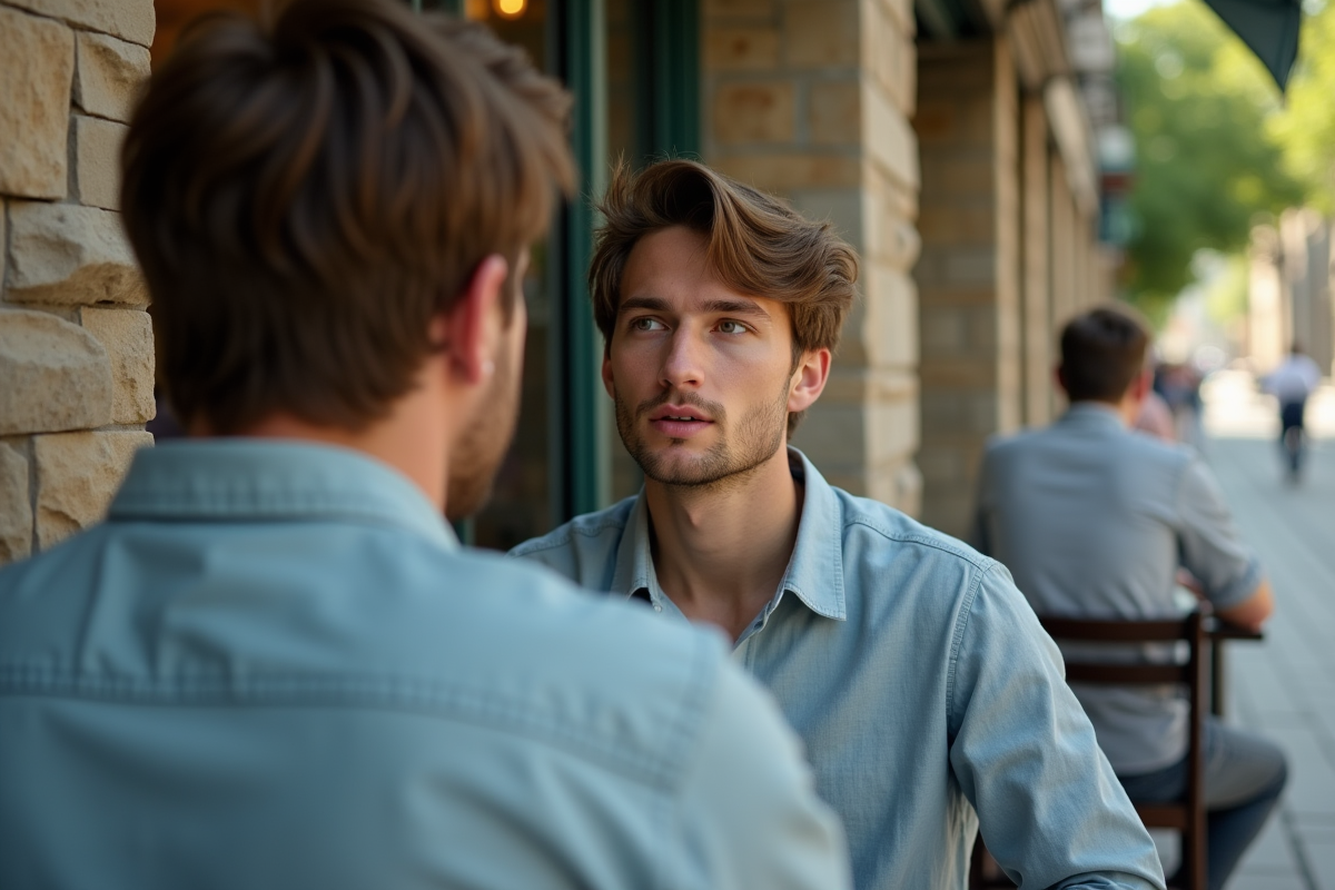 Jeune homme regardant son reflet dans un café en ville
