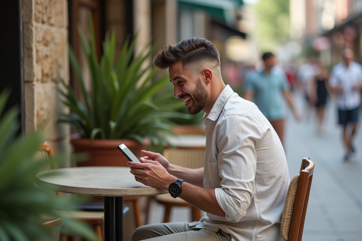 Jeune homme avec undercut en extérieur dans un café urbain
